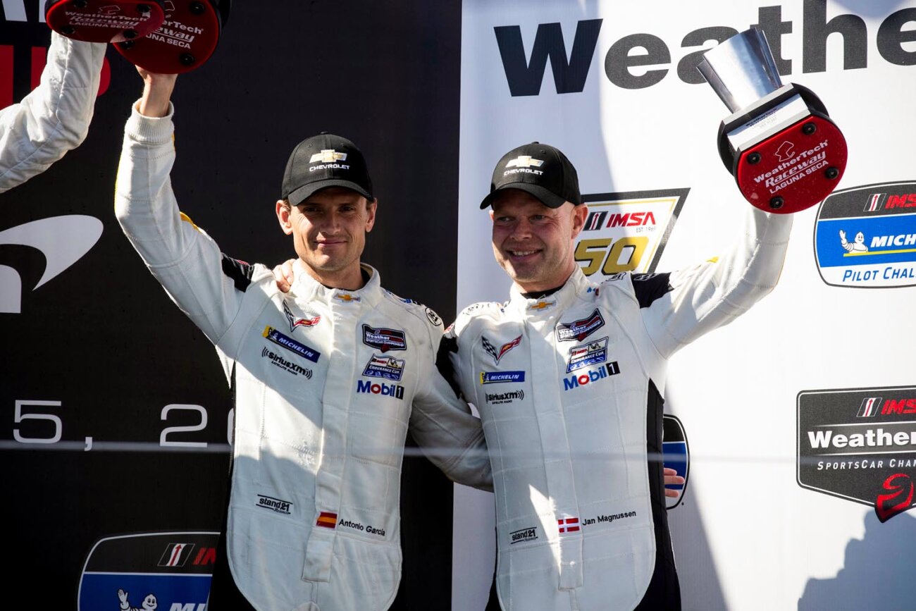 Corvette Racing; Laguna Seca Raceway in Salinas, California; September 15, 2019; Corvette C7.R #3 driven by Jan Magnussen and Antonio Garcia; Corvette C7.R #4 driven by Oliver Gavin and Tommy Milner (Richard Prince/Chevrolet photo).