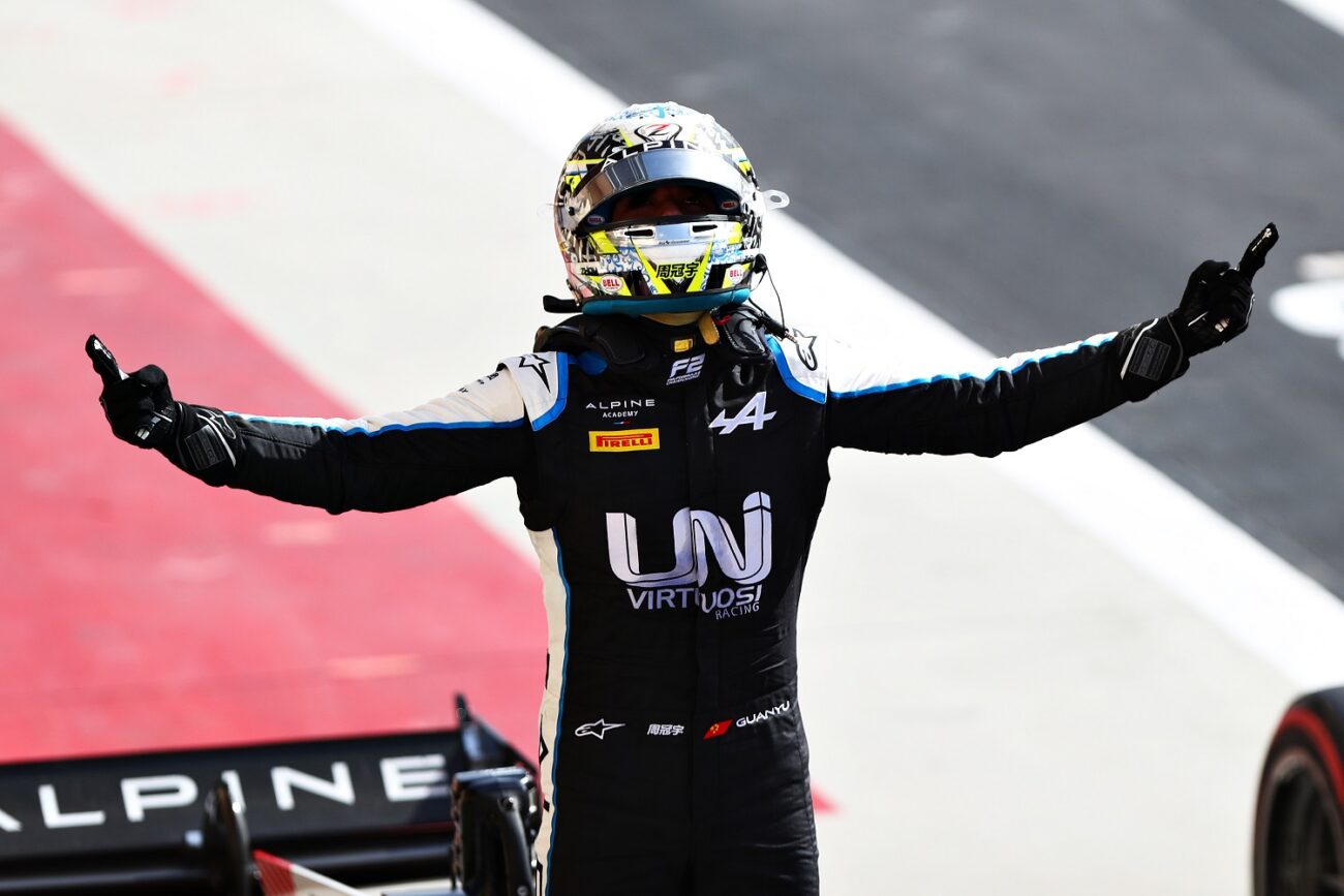 BAHRAIN, BAHRAIN - MARCH 28: Race winner Guanyu Zhou of China and UNI-Virtuosi Racing celebrates in parc ferme during the Feature Race of Round 1:Sakhir of the Formula 2 Championship at Bahrain International Circuit on March 28, 2021 in Bahrain, Bahrain. (Photo by Dan Istitene - Formula 1/Formula Motorsport Limited via Getty Images)