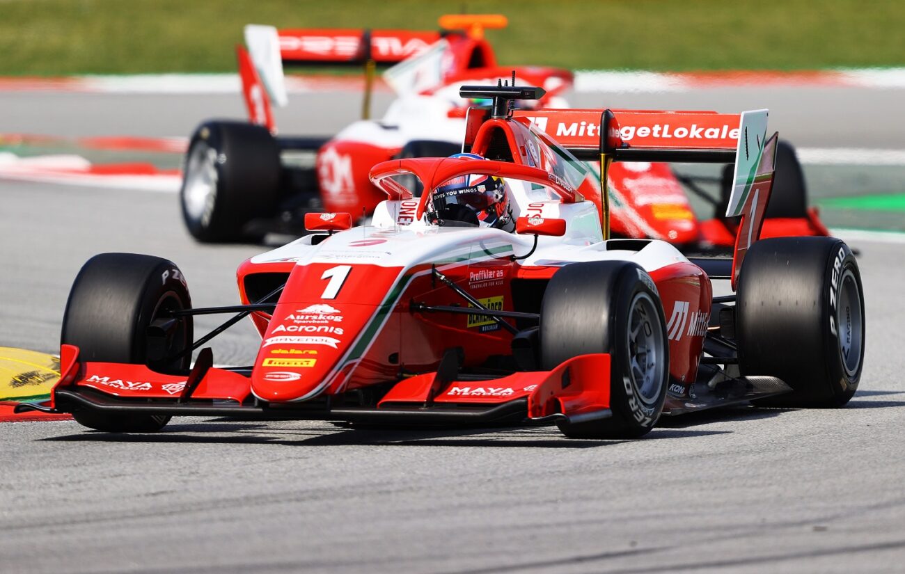 BARCELONA, SPAIN - MAY 07: Dennis Hauger of Norway and Prema Racing (1) drives during practice for Round 1:Barcelona of the Formula 3 Championship at Circuit de Barcelona-Catalunya on May 07, 2021 in Barcelona, Spain. (Photo by Bryn Lennon - Formula 1/Formula Motorsport Limited via Getty Images)