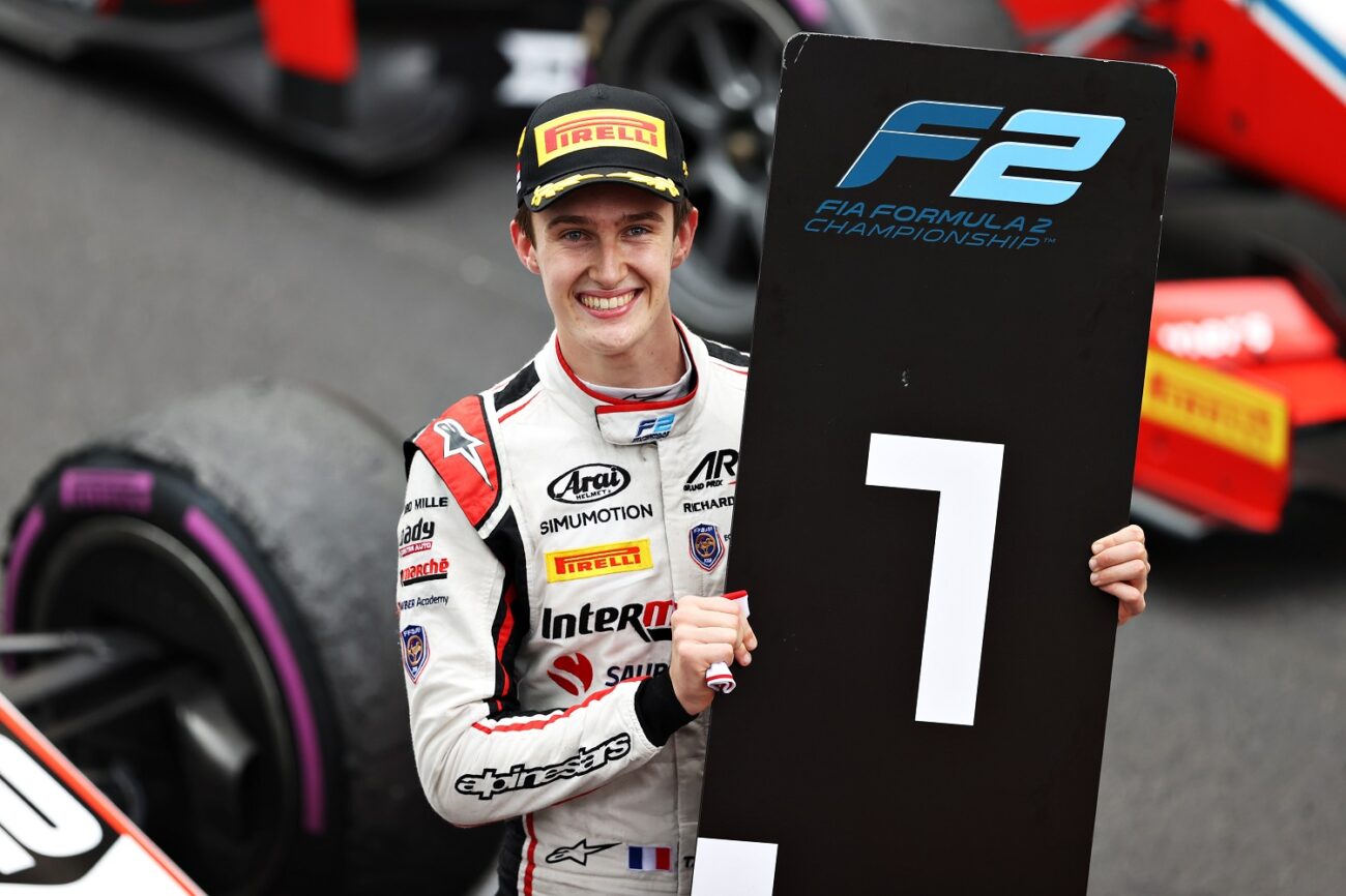 MONTE-CARLO, MONACO - MAY 22: Race winner Theo Pourchaire of France and ART Grand Prix celebrates in parc ferme during the Feature Race of Round 2:Monte Carlo of the Formula 2 Championship at Circuit de Monaco on May 22, 2021 in Monte-Carlo, Monaco. (Photo by Clive Rose - Formula 1/Formula Motorsport Limited via Getty Images)