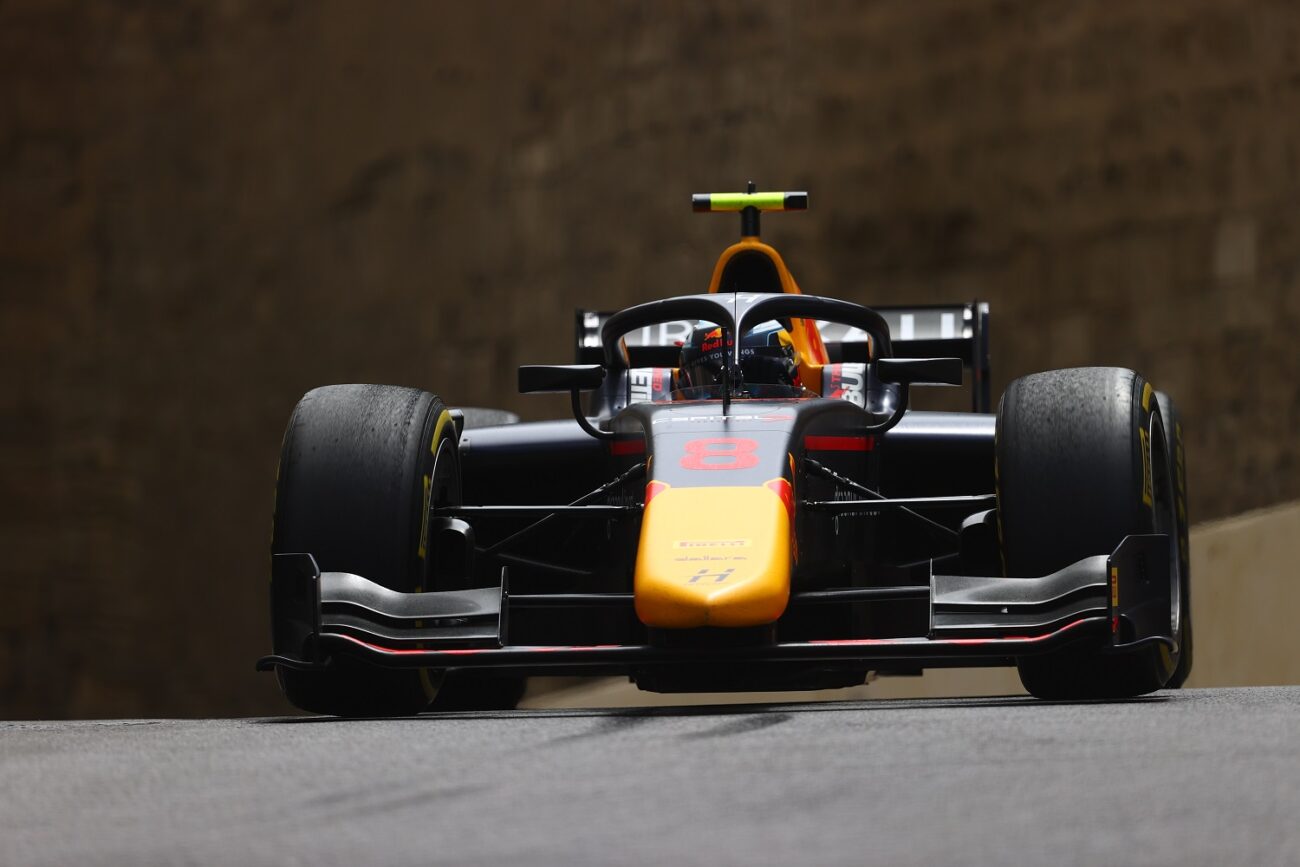 BAKU, AZERBAIJAN - JUNE 04: Juri Vips of Estonia and Hitech Grand Prix (8) drives on track during practice ahead of Round 3:Baku of the Formula 2 Championship at Baku City Circuit on June 04, 2021 in Baku, Azerbaijan. (Photo by Francois Nel/Getty Images)