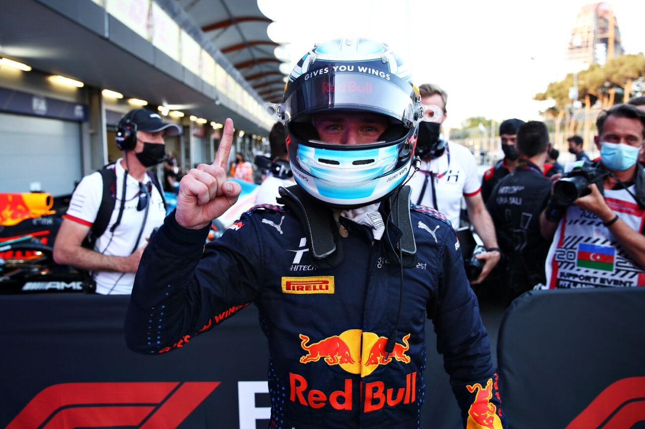 BAKU, AZERBAIJAN - JUNE 05: Race winner Juri Vips of Estonia and Hitech Grand Prix celebrates in parc ferme during sprint race 2 of Round 3:Baku of the Formula 2 Championship at Baku City Circuit on June 05, 2021 in Baku, Azerbaijan. (Photo by Joe Portlock - Formula 1/Formula Motorsport Limited via Getty Images)