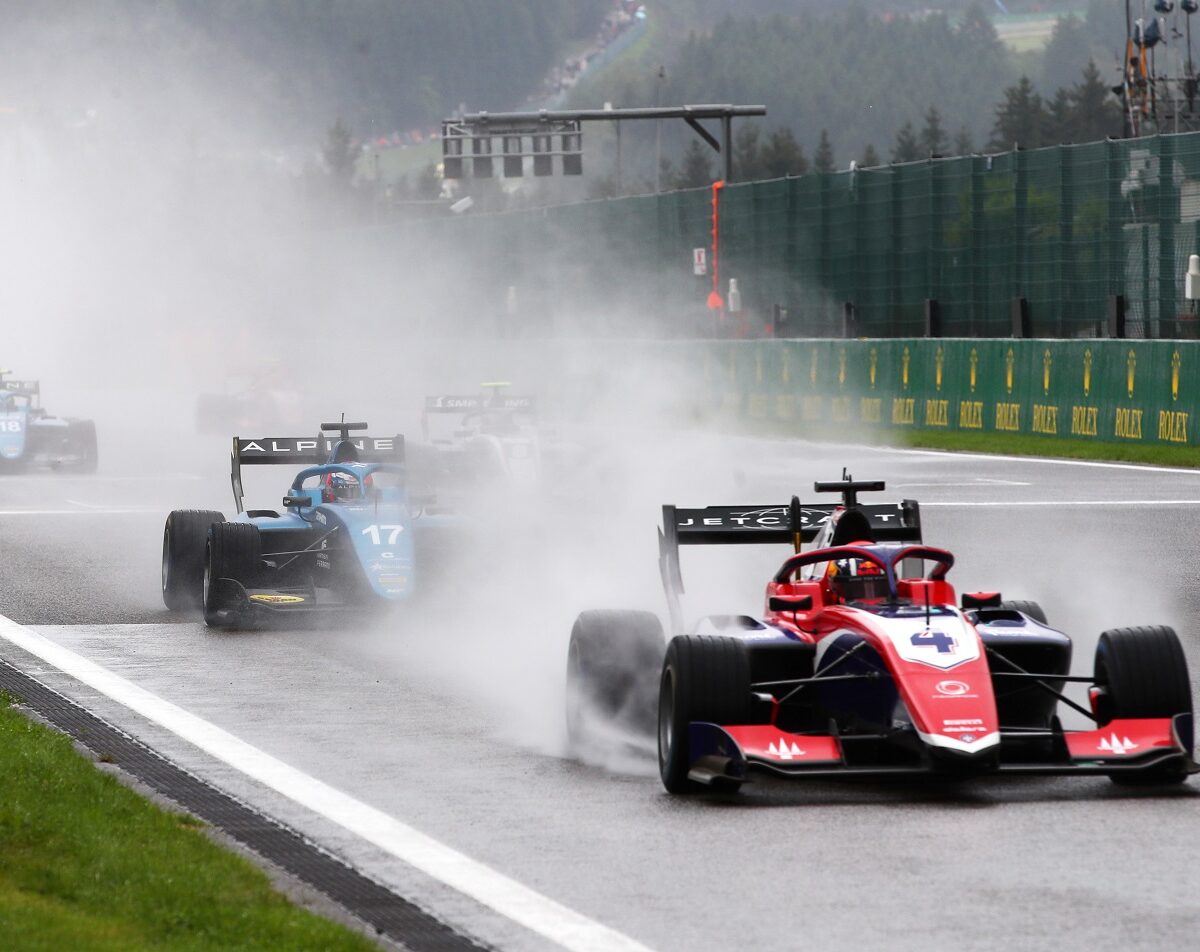 SPA, BELGIUM - AUGUST 29: Jack Doohan of Australia and Trident (4) leads the field for a rolling start during Round 5:Spa-Francorchamps race 3 of the Formula 3 Championship at Circuit de Spa-Francorchamps on August 29, 2021 in Spa, Belgium. (Photo by Joe Portlock - Formula 1/Formula Motorsport Limited via Getty Images)