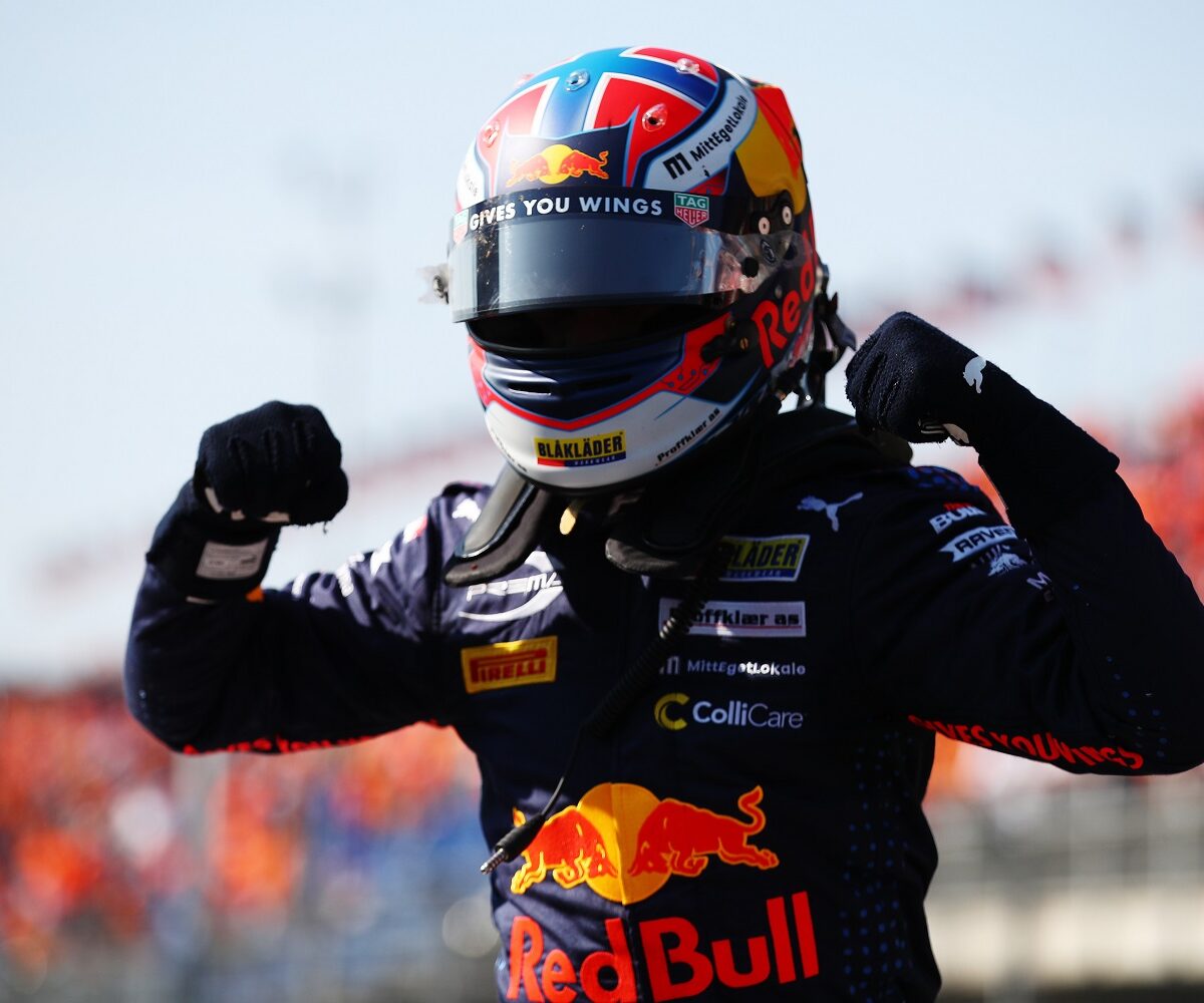 ZANDVOORT, NETHERLANDS - SEPTEMBER 05: Race winner Dennis Hauger of Norway and Prema Racing celebrates in parc ferme during race 3 of Round 6:Zandvoort of the Formula 3 Championship at Circuit Zandvoort on September 05, 2021 in Zandvoort, Netherlands. (Photo by Joe Portlock - Formula 1/Formula Motorsport Limited via Getty Images)