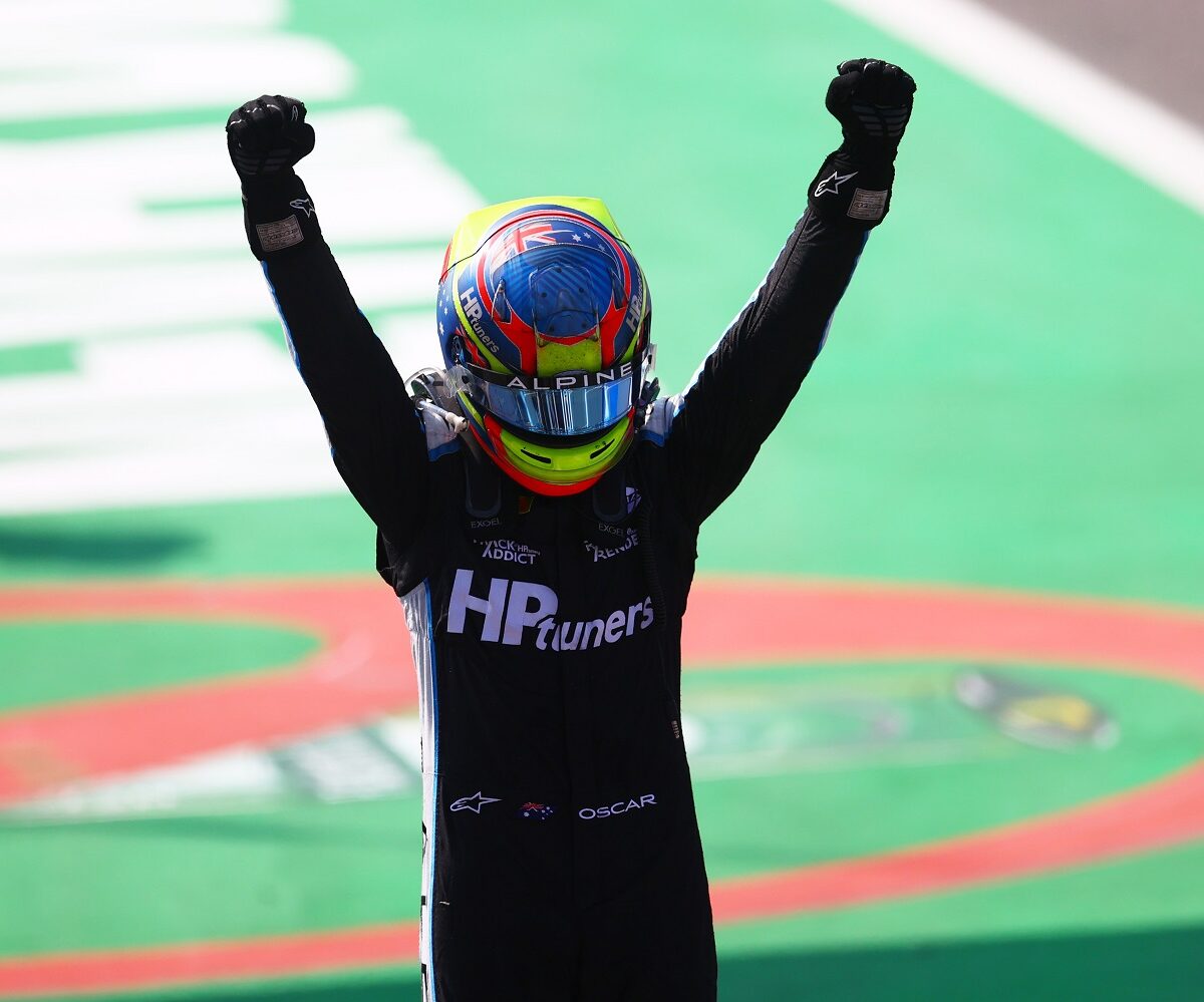 MONZA, ITALY - SEPTEMBER 12: Race winner Oscar Piastri of Australia and Prema Racing celebrates in parc ferme during Round 5:Monza feature race of the Formula 2 Championship at Autodromo di Monza on September 12, 2021 in Monza, Italy. (Photo by Dan Istitene - Formula 1/Formula Motorsport Limited via Getty Images)