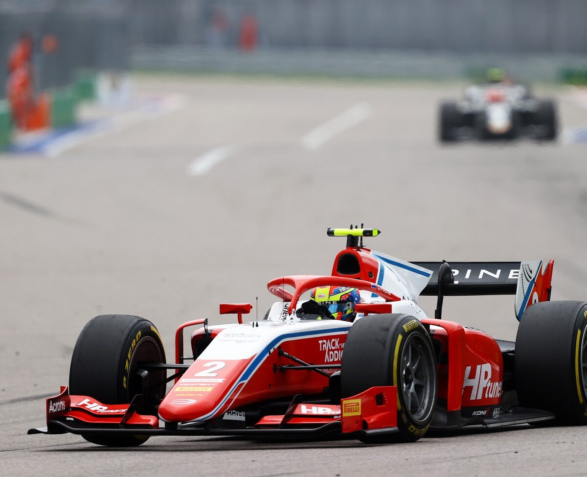 SOCHI, RUSSIA - SEPTEMBER 26: Oscar Piastri of Australia and Prema Racing (2) drives during the feature race of Round 6:Sochi of the Formula 2 Championship at Sochi Autodrom on September 26, 2021 in Sochi, Russia. (Photo by Bryn Lennon/Getty Images)