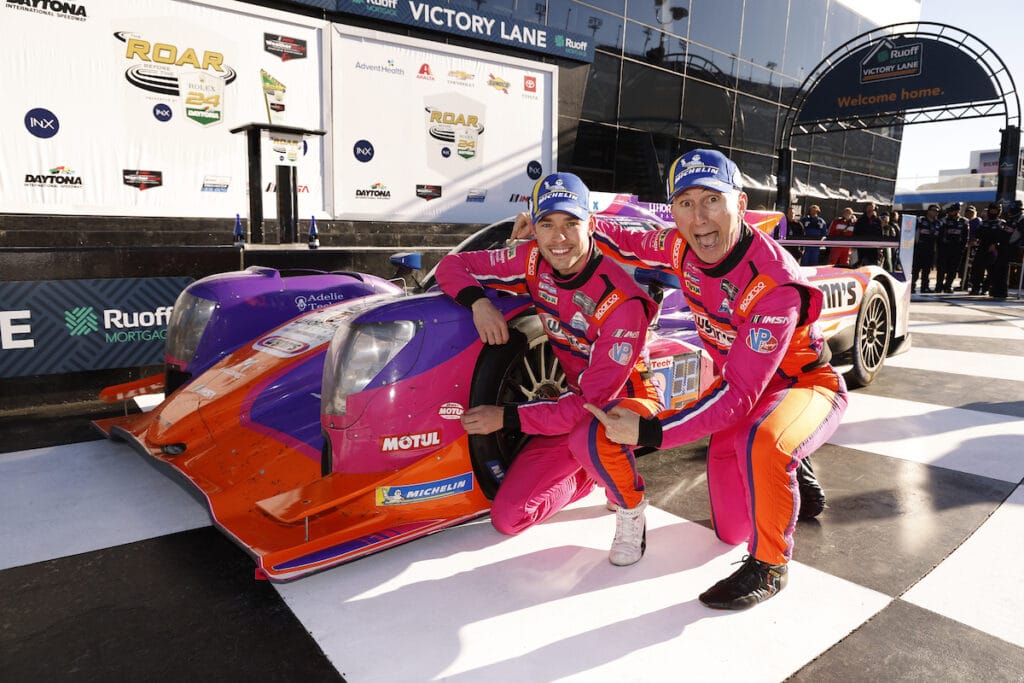 #52: PR1 Mathiasen Motorsports, ORECA LMP2 07, LMP2: Ben Keating, Mikkel Jensen, Scott Huffaker, Nicolas Lapierre celebrate winning the Motul Pole Award