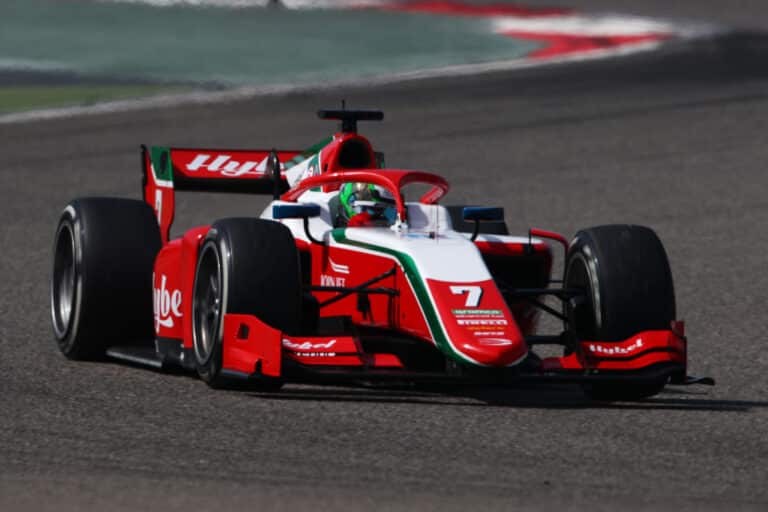 BAHRAIN, BAHRAIN - FEBRUARY 15: Frederik Vesti of Denmark and PREMA Racing (7) drives on track during day two of Formula 2 Testing at Bahrain International Circuit on February 15, 2023 in Bahrain, Bahrain. (Photo by Joe Portlock - Formula 1/Formula Motorsport Limited via Getty Images)