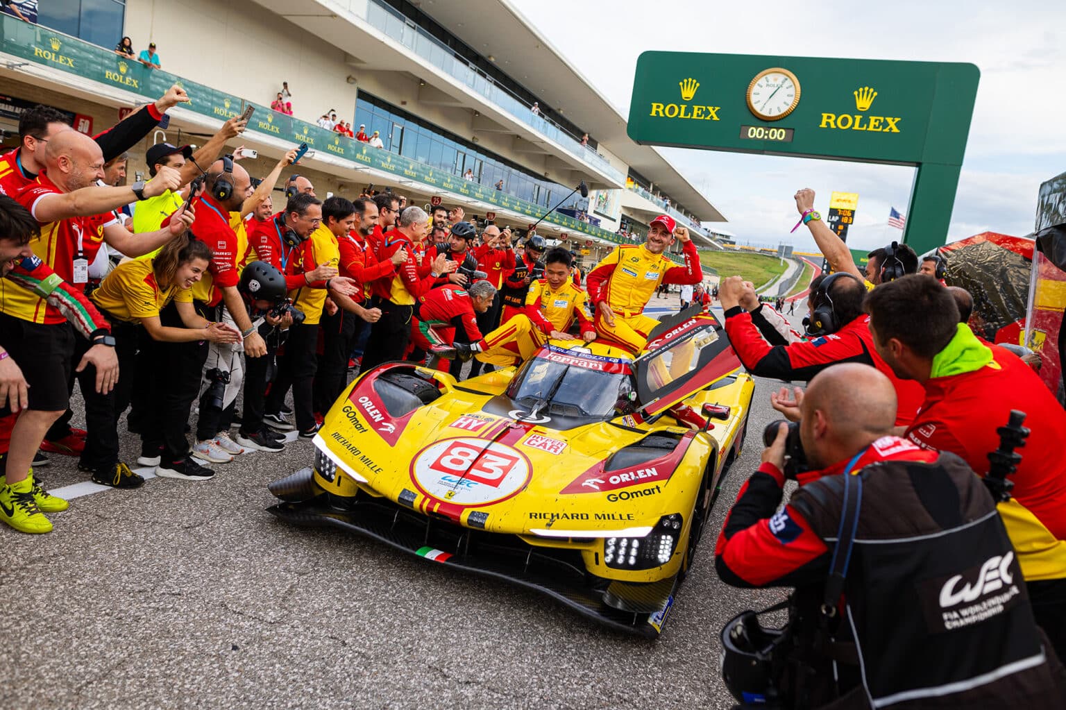 83 KUBICA Robert (pol), SHWARTZMAN Robert (isr), YE Yifei (chn), AF Corse, Ferrari 499P #83, Hypercar, action celebration during the 2024 Lone Star Star Le Mans, 6th round of the 2024 FIA World Endurance Championship, from August 30 to September 1, 2024 on the Circuit of the Americas in Austin, Texas, United States of America - Photo Javier Jimenez / DPPI