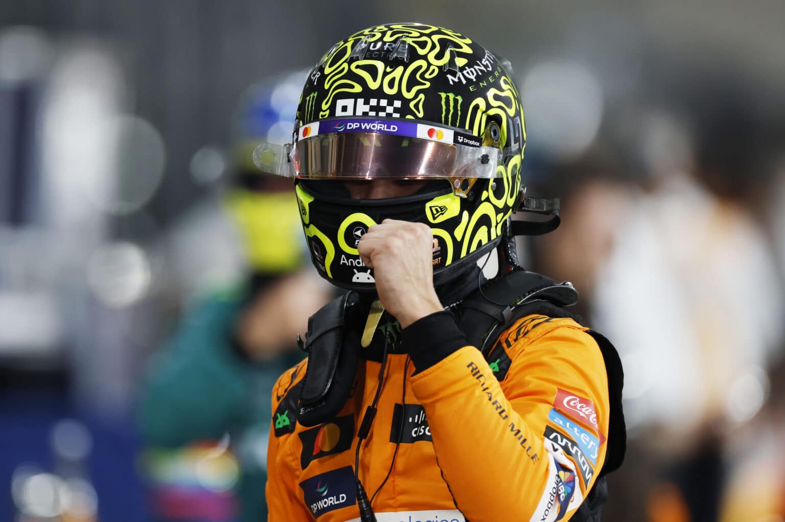 Lando Norris, McLaren F1 Team, celebrates in Parc Ferme after securing pole