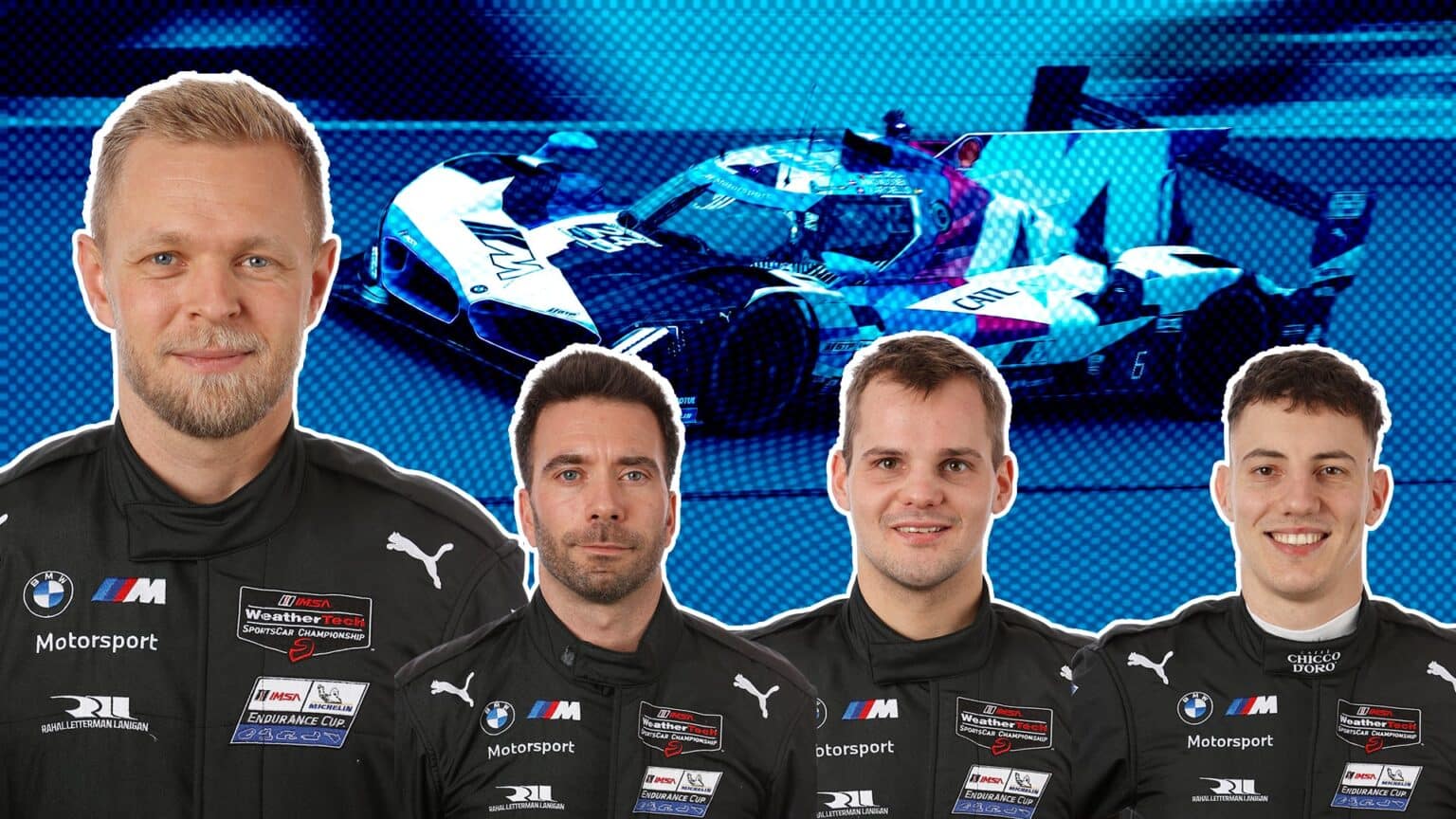 Kevin Magnussen, Philipp Eng, Dries Vanthoor, Raffaele Marciello, BMW. Fotos: IMSA. Illustration: Alex Brøndbjerg