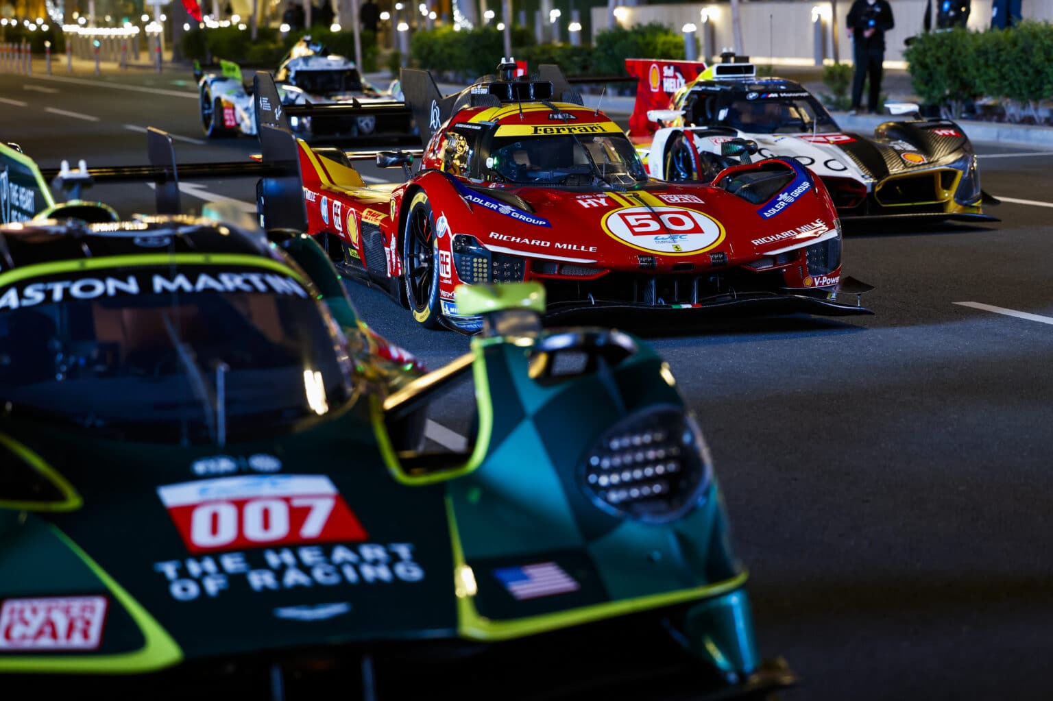 50 FUOCO Antonio (ita), MOLINA Miguel (spa), NIELSEN Nicklas (dnk), Ferrari AF Corse, Ferrari 499P #50, Hypercar, ambiance On the Lusail Boulevard during the Qatar 1812 KM, 1st round of the 2025 FIA World Endurance Championship, from February 25 to 28, 2025 on the Losail International Circuit in Lusail, Qatar - Photo Julien Delfosse / DPPI