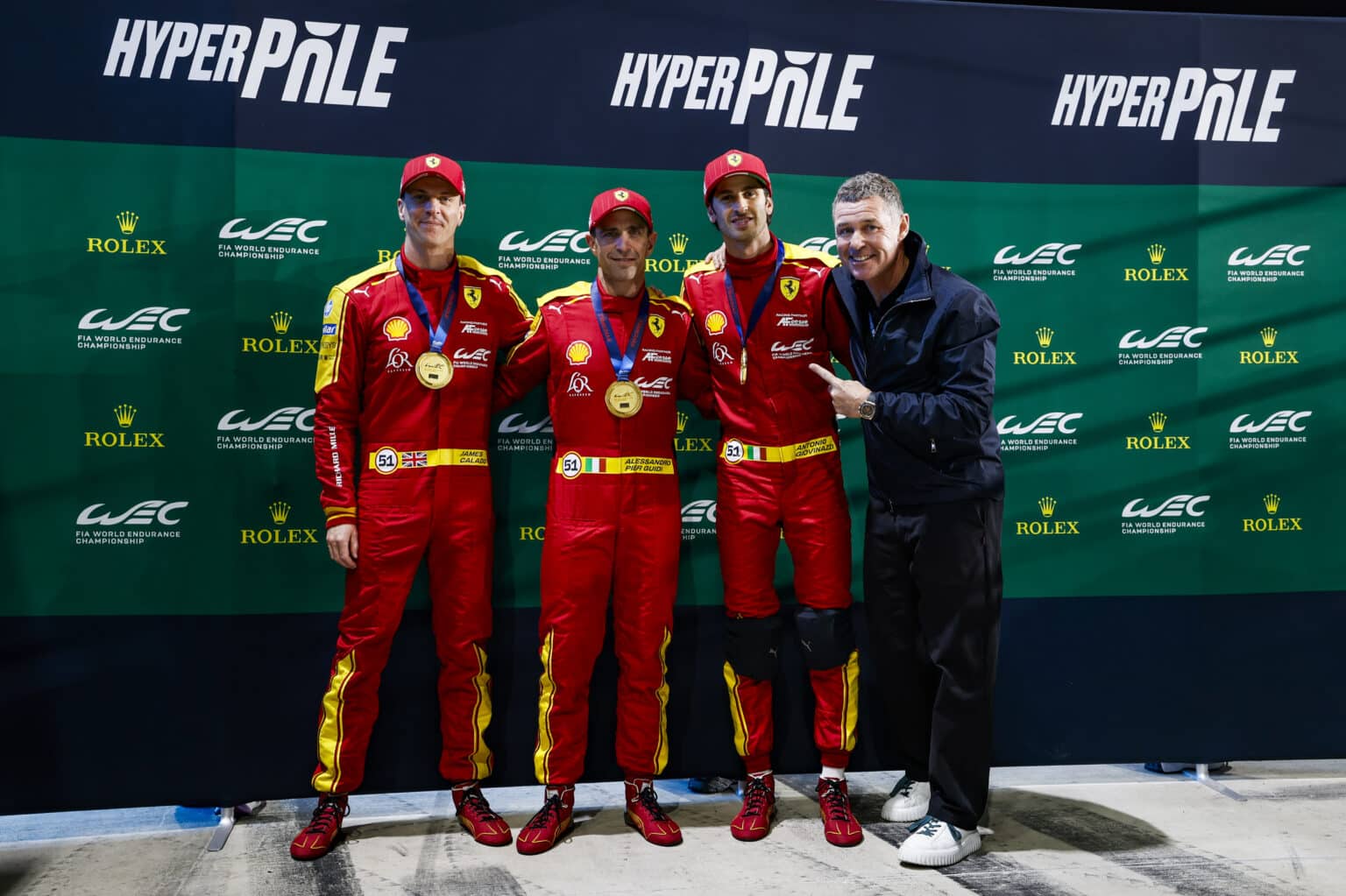 51 CALADO James (gbr), GIOVINAZZI Antonio (ita), PIER GUIDI Alessandro (ita), Ferrari AF Corse, Ferrari 499P #51, Hypercar, KRISTENSEN Tom, VIP, portrait during the Qatar 1812 KM, 1st round of the 2025 FIA World Endurance Championship, from February 25 to 28, 2025 on the Losail International Circuit in Lusail, Qatar - Photo Julien Delfosse / DPPI