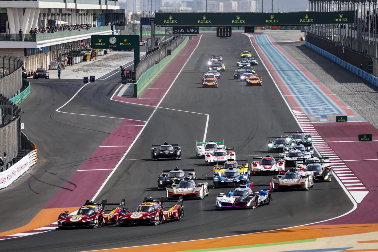 Start of the race, 50 FUOCO Antonio (ita), MOLINA Miguel (spa), NIELSEN Nicklas (dnk), Ferrari AF Corse, Ferrari 499P #50, Hypercar, 51 CALADO James (gbr), GIOVINAZZI Antonio (ita), PIER GUIDI Alessandro (ita), Ferrari AF Corse, Ferrari 499P #51, Hypercar, action during the Qatar 1812 KM, 1st round of the 2025 FIA World Endurance Championship, from February 25 to 28, 2025 on the Losail International Circuit in Lusail, Qatar - Photo Julien Delfosse / DPPI