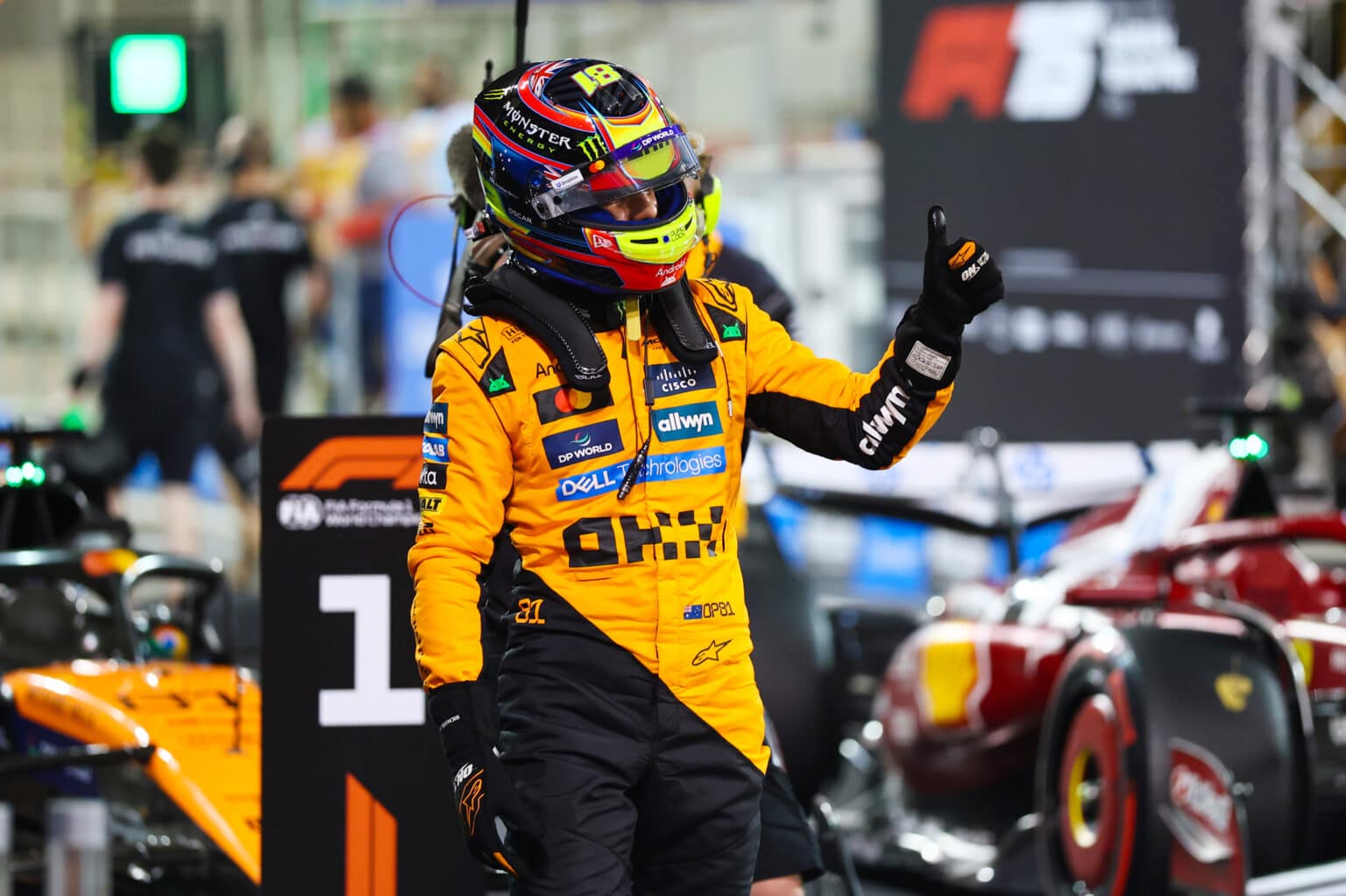 BAHRAIN, BAHRAIN - APRIL 12: Pole position qualifier Oscar Piastri of Australia and McLaren celebrates in parc ferme during qualifying ahead of the F1 Grand Prix of Bahrain at Bahrain International Circuit on April 12, 2025 in Bahrain, Bahrain. (Photo by Andy Hone/LAT Images)