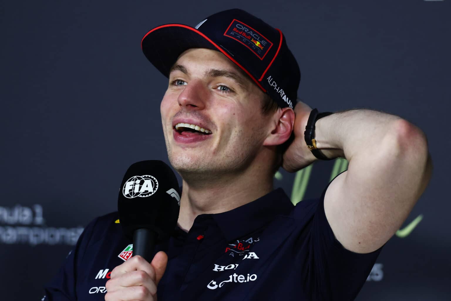 JEDDAH, SAUDI ARABIA - APRIL 19: Pole position qualifier Max Verstappen of the Netherlands and Oracle Red Bull Racing in the Drivers Press Conference during qualifying ahead of the F1 Grand Prix of Saudi Arabia at Jeddah Corniche Circuit on April 19, 2025 in Jeddah, Saudi Arabia. (Photo by Clive Rose/Getty Images) // Getty Images / Red Bull Content Pool // SI202504190295 // Usage for editorial use only //