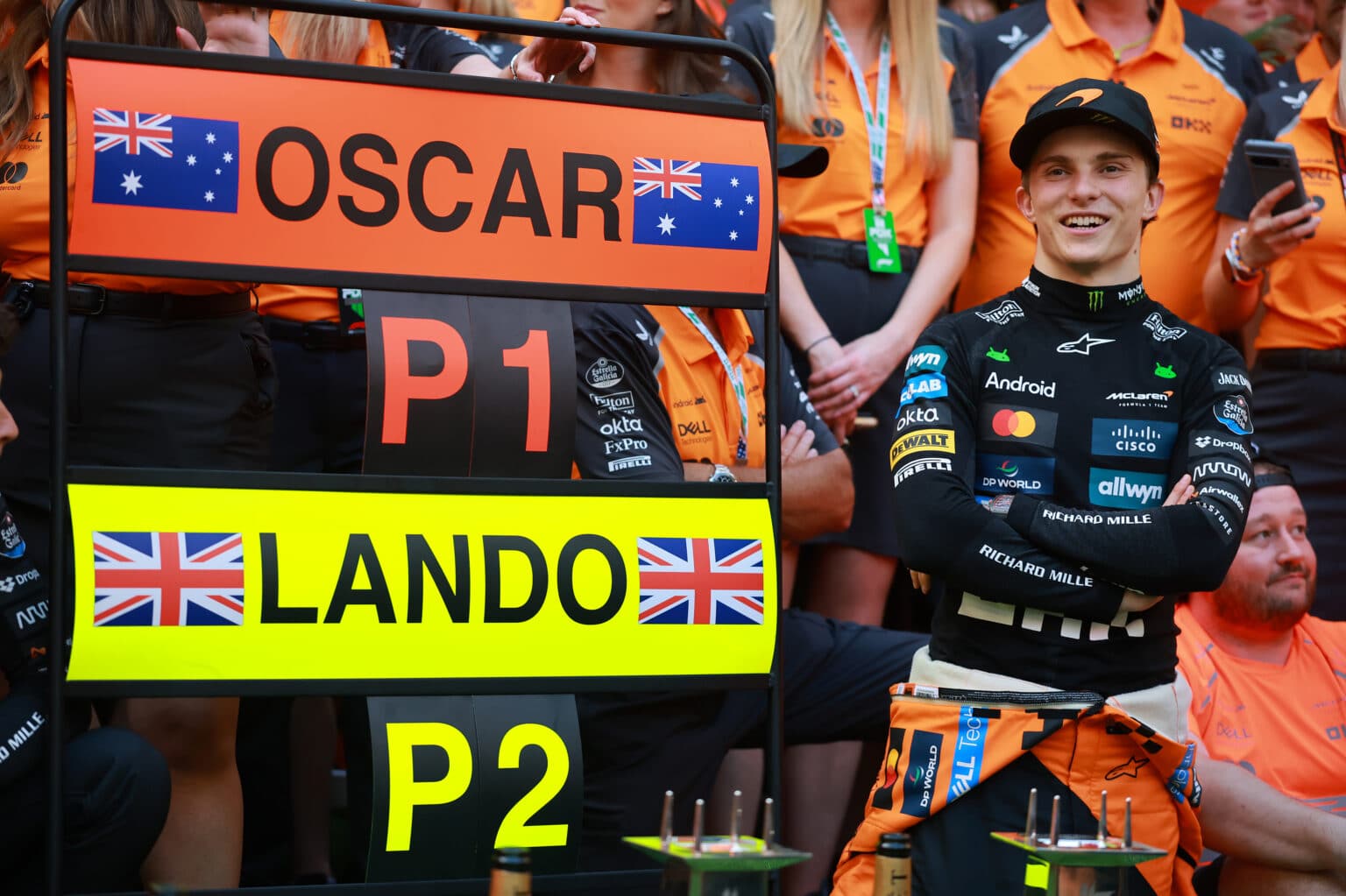 MIAMI, FLORIDA - MAY 04: Race winner Oscar Piastri of Australia and McLaren and the McLaren team celebrate during the F1 Grand Prix of Miami at Miami International Autodrome on May 04, 2025 in Miami, Florida. (Photo by Hector Vivas/Getty Images) McLaren Racing Media