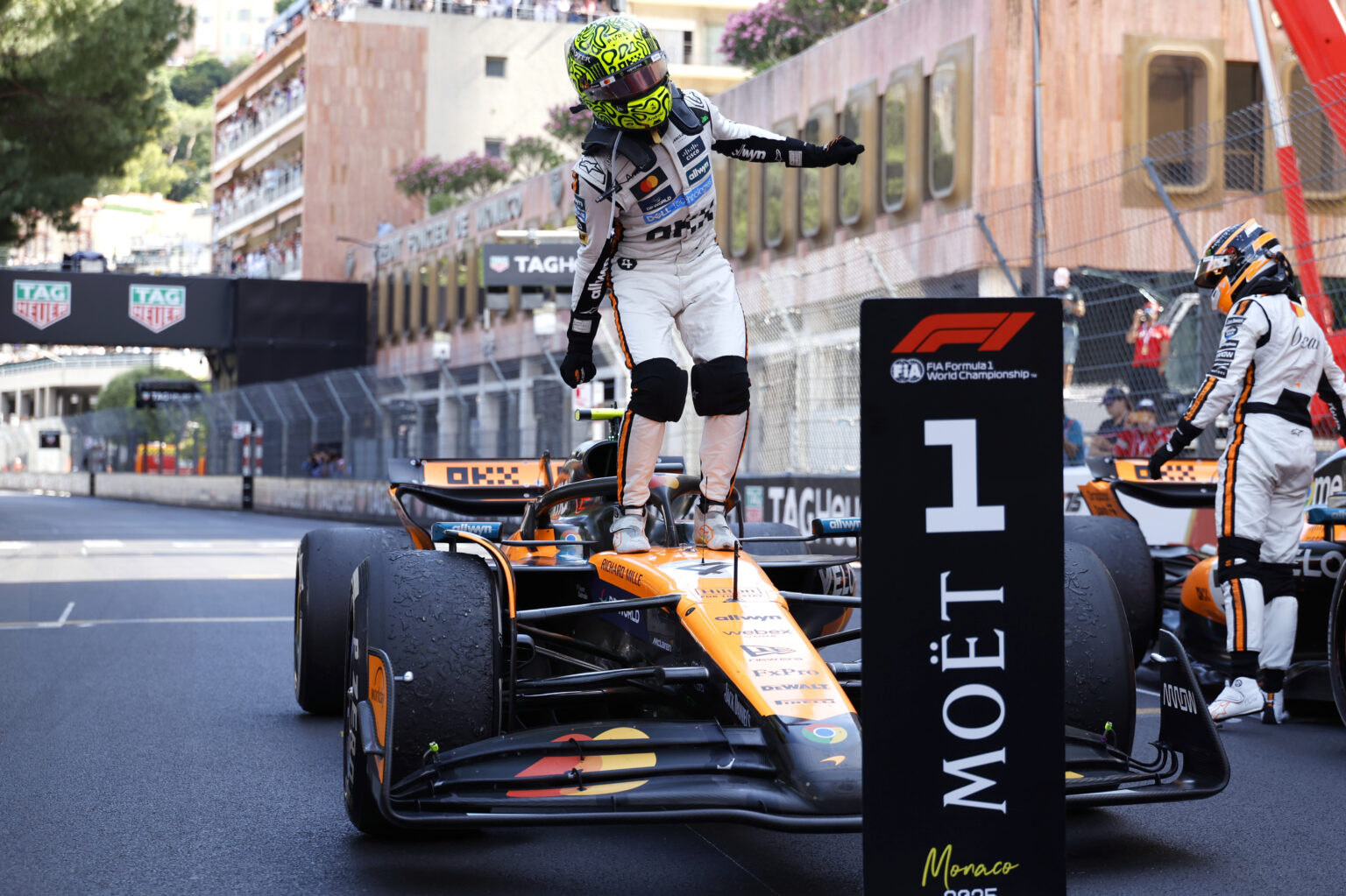 MONTE-CARLO, MONACO - MAY 25: Race winner Lando Norris of Great Britain and McLaren celebrates on arrival in parc ferme during the F1 Grand Prix of Monaco at Circuit de Monaco on May 25, 2025 in Monte-Carlo, Monaco. (Photo by Glenn Dunbar/LAT Images)