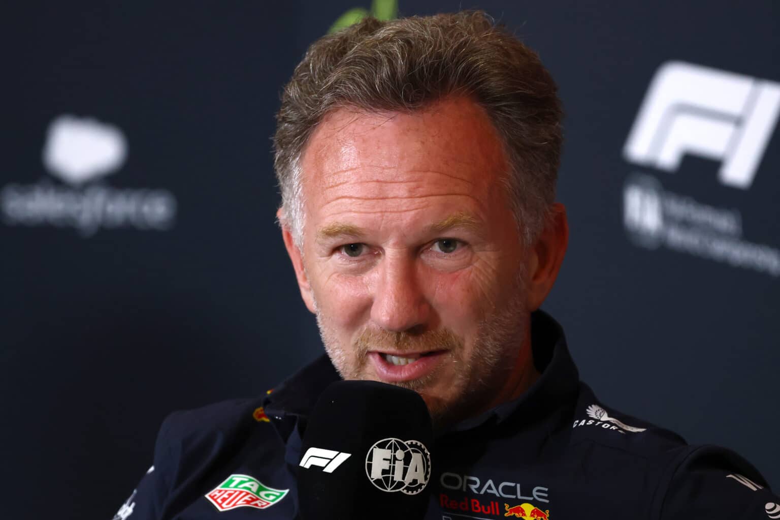 NORTHAMPTON, ENGLAND - JULY 04: Christian Horner, Team Principal of Oracle Red Bull Racing in the Team Principals Press Conference during practice ahead of the F1 Grand Prix of Great Britain at Silverstone Circuit on July 04, 2025 in Northampton, England. (Photo by Clive Rose/Getty Images) // Getty Images / Red Bull Content Pool // SI202507040541 // Usage for editorial use only //