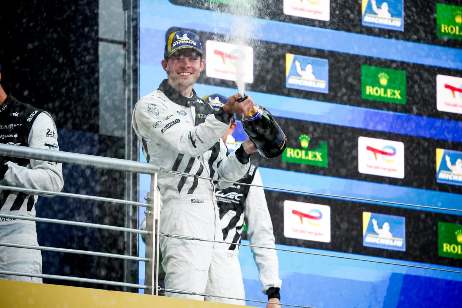 93 VERGNE Jean-Eric (fra), JENSEN Mikkel (dnk), DI RESTA Paul (gbr), Peugeot TotalEnergies, Peugeot 9X8 #93, Hypercar, portrait podium during the 6 Hours of Fuji 2025, 7th round of the 2025 FIA World Endurance Championship, from September 26 to 28, 2025 on the Fuji Speedway in Oyama, Shizuoka, Japan - Photo Antonin Vincent / DPPI