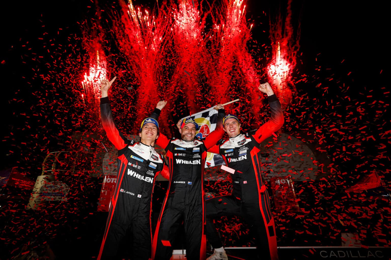#31: Cadillac Whelen, Cadillac V-Series.R, GTP: Jack Aitken, Earl Bamber, Frederik Vesti, Confetti, Fireworkls