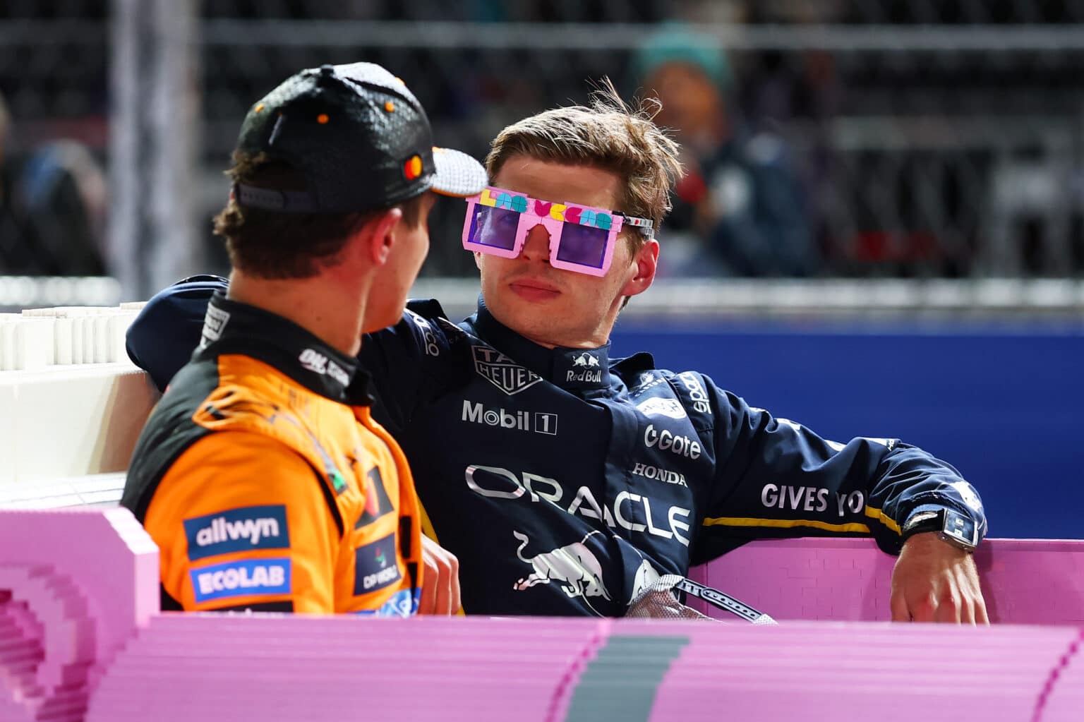 LAS VEGAS, NEVADA - NOVEMBER 22: Race winner Max Verstappen of the Netherlands and Oracle Red Bull Racing and Second placed Lando Norris of Great Britain and McLaren in a Lego pink Cadillac in parc ferme during the F1 Grand Prix of Las Vegas at Las Vegas Strip Circuit on November 22, 2025 in Las Vegas, Nevada. (Photo by Mark Thompson/Getty Images) ***BESTPIX***