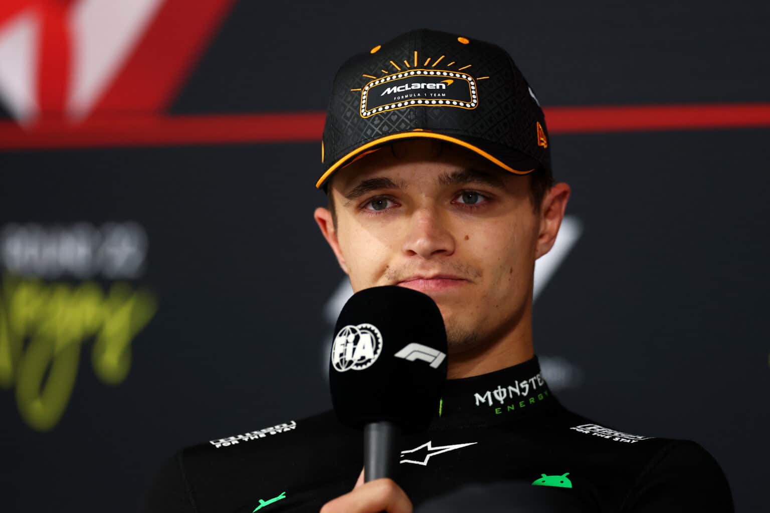 LAS VEGAS, NEVADA - NOVEMBER 22: Second placed Lando Norris of Great Britain and McLaren in the Drivers Press Conference during the F1 Grand Prix of Las Vegas at Las Vegas Strip Circuit on November 22, 2025 in Las Vegas, Nevada. (Photo by Clive Rose/Getty Images)