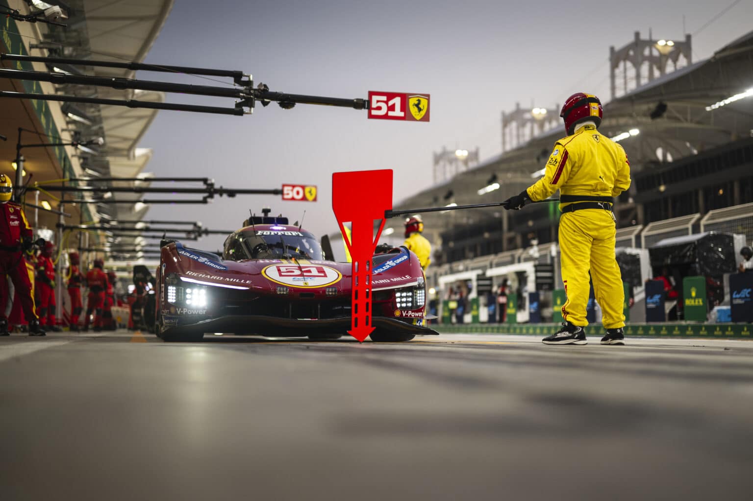51 CALADO James (gbr), GIOVINAZZI Antonio (ita), PIER GUIDI Alessandro (ita), Ferrari AF Corse, Ferrari 499P #51, Hypercar, pitlane, during the 8 Hours of Bahrain 2025, 8th round of the 2025 FIA World Endurance Championship, from November 6 to 8, 2025 on the Bahrain International Circuit in Sakhir, Bahrain - Photo Charly López / DPPI