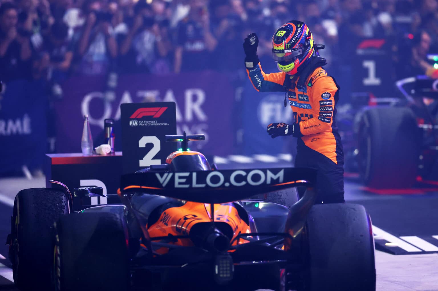 LUSAIL CITY, QATAR - NOVEMBER 30: Second placed Oscar Piastri of Australia and McLaren celebrates in parc ferme during the F1 Grand Prix of Qatar at Lusail International Circuit on November 30, 2025 in Lusail City, Qatar. (Photo by Zak Mauger/LAT Images)
