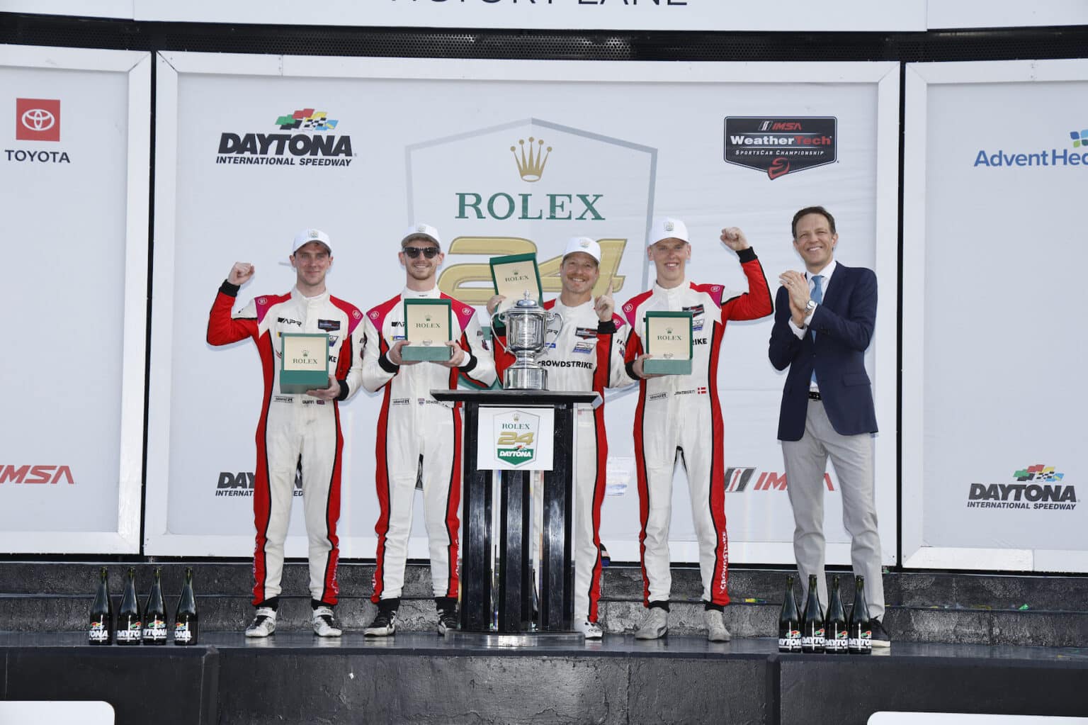 #04: Crowdstrike Racing by APR, ORECA LMP2 07, LMP2: George Kurtz, Alex Quinn, Toby Sowery, Malthe Jakobsen celebrate in victory lane