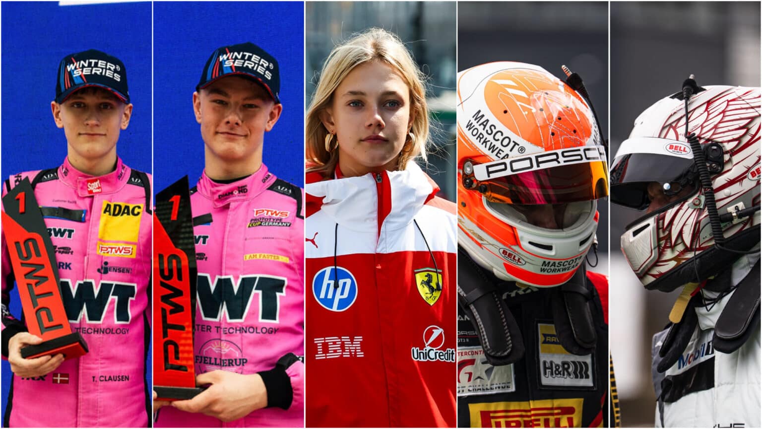Tobias Bille Clausen, Mads Kjelde Larsen, Alba Larsen, Bastian Buus, Michael Christensen. Foto: Laurie Southern/GEDLICH Winter Series/Ferrari Driver Academy/Dinamic GT