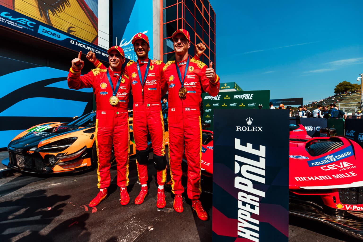 51 CALADO James (gbr), GIOVINAZZI Antonio (ita), PIER GUIDI Alessandro (ita), Ferrari AF Corse, Ferrari 499P #51, Hypercar, action, pole position, during the 6 Hours of Imola 2026, 1st round of 2026 FIA World Endurance Championship, from April 16 to 19, 2026 on the Autodromo Enzo e Dino Ferrari in Imola, Italy - Photo Andrea Lorenzina / DPPI