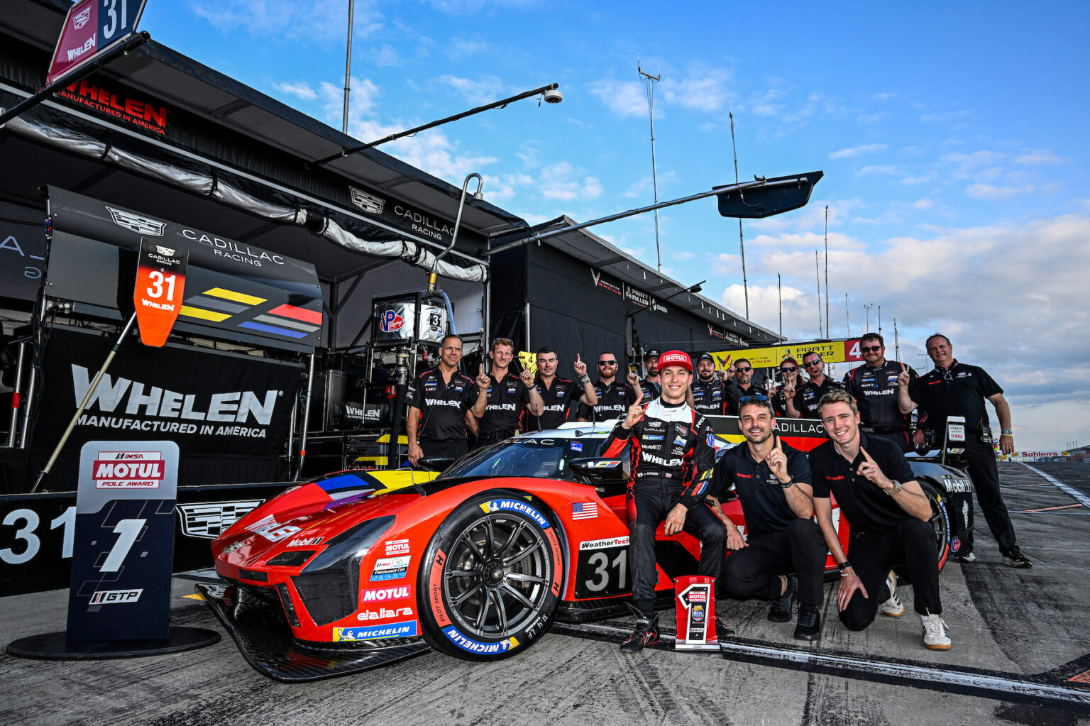#31: Cadillac Whelen, Cadillac V-Series.R, GTP: Jack Aitken, Earl Bamber, Frederik Vesti, Motul Pole Award, and team